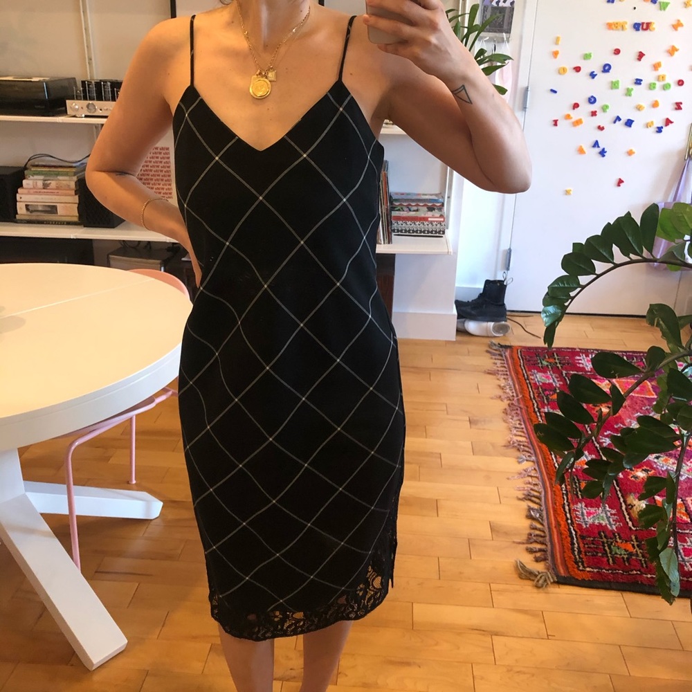 Plaid Midi 90s Slip Dress with Lace Hem